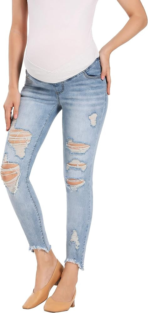 Foucome Women's Maternity Jeans Underbelly Skinny Jeggings Cute Distressed Jeans Comfy Stretch Pants | Amazon (US)