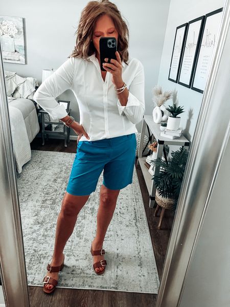 No Iron Stretch Shirt from Chico’s ( one of my all time favorites!) styled with these gorgeous blue Bermuda shorts from J.Crew Factory. Fits tts, more colors, and ON SALE🥰 Time and Tru block heeled sandals from Walmart. 

Casual outfit, Walmart fashion, date night, spring outfits, shorts, sale, sandals, fashion over 40

#LTKsalealert #LTKstyletip #LTKfindsunder50