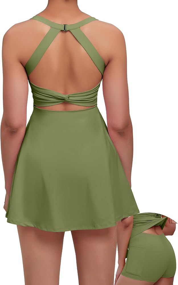 Womens Tennis Golf Dress with open-back waistband Shorts Pockets Workout Athletic Dresses | Amazon (US)