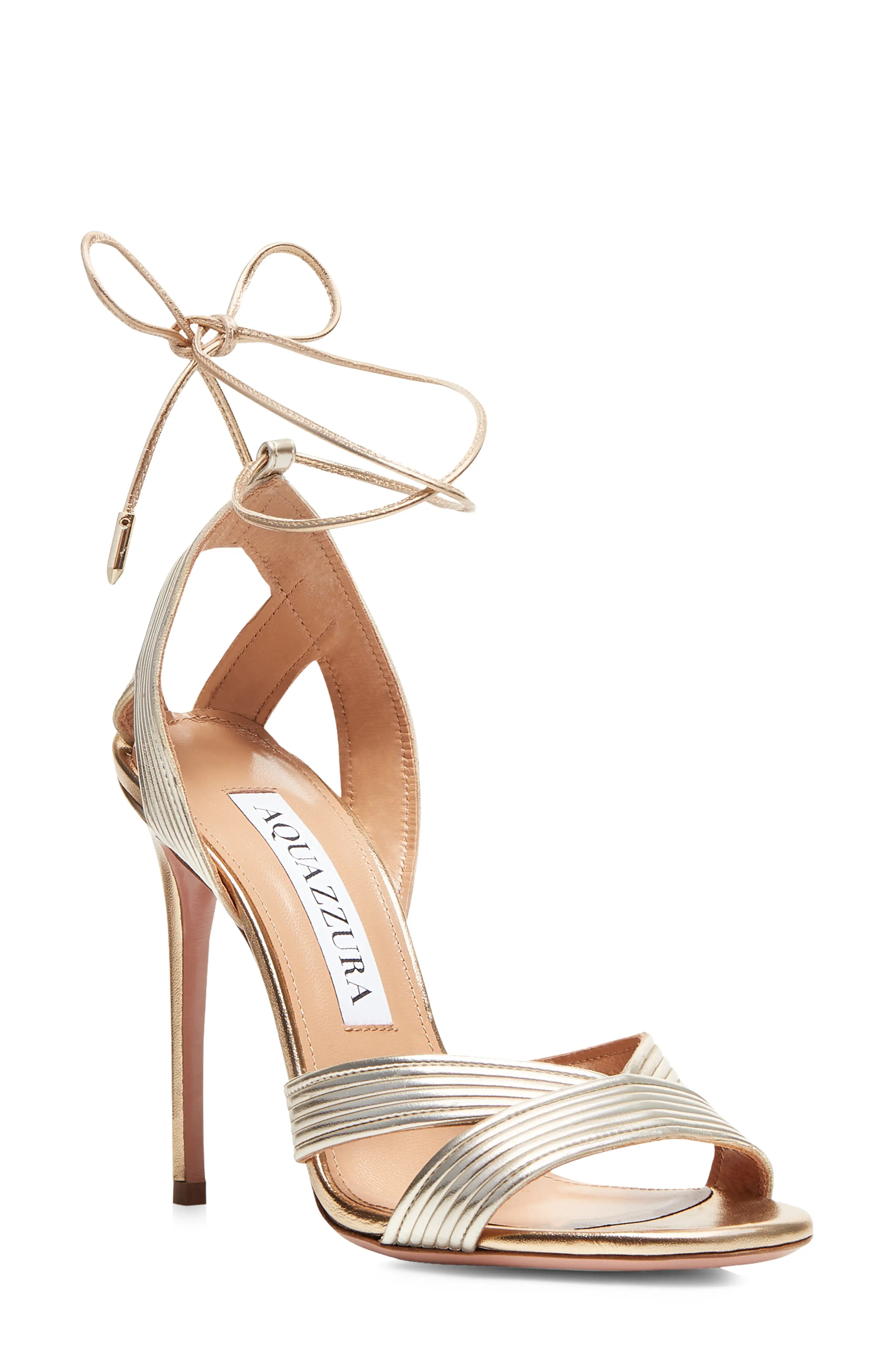 Aquazzura Ari Metallic Ankle Tie Sandal, Size 8Us in Soft Gold at Nordstrom | Nordstrom