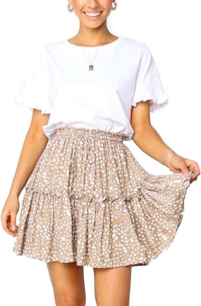LOOKBOHO Women's Flared Short Skirt High Waist Ruffle Polka Dot Pleated Mini Skirt with Drawstrin... | Amazon (US)