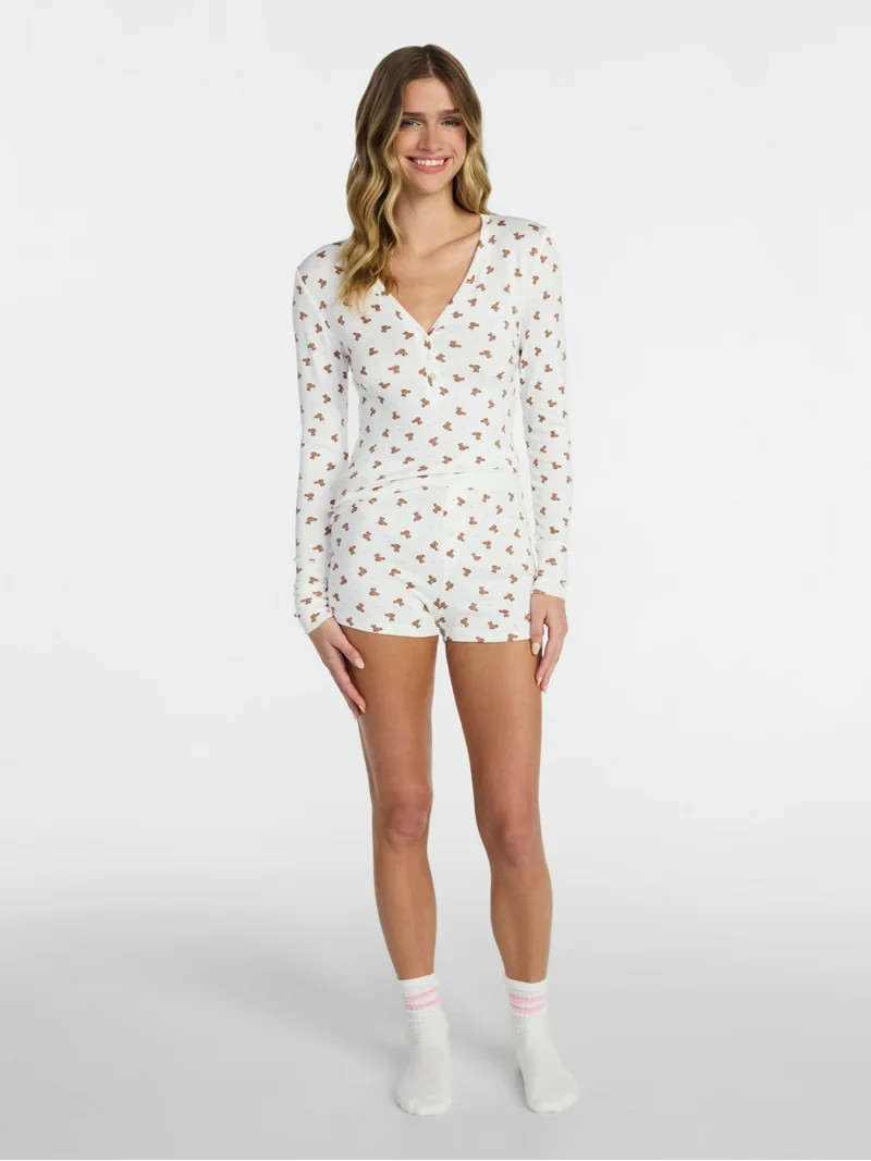 No Boundaries Giftable Henley Sleep Top and Shorts with Socks Set, 3-Piece, Women's XXS-3X | Walmart (US)