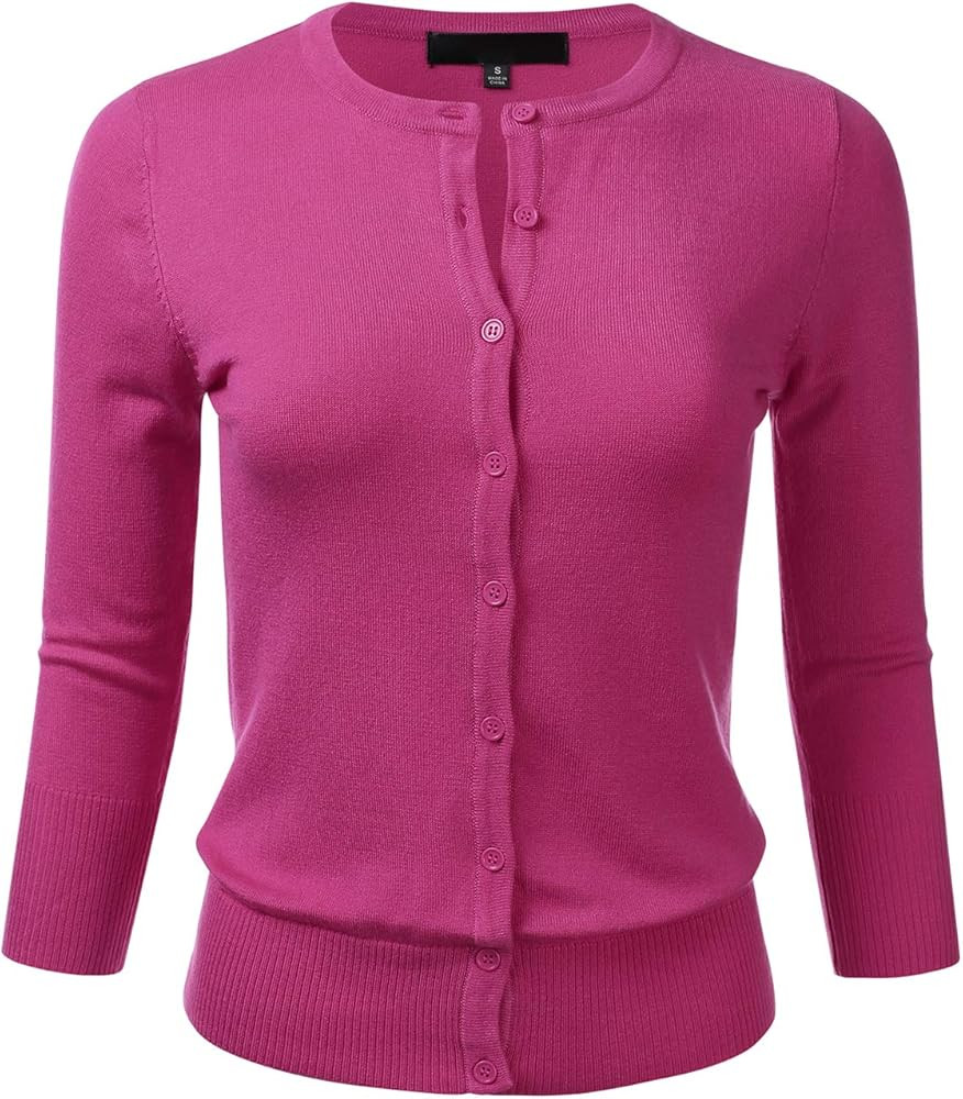 FLORIA Women's Button Down 3/4 Sleeve Crew Neck Knit Cardigan Sweater (S-3X) | Amazon (US)