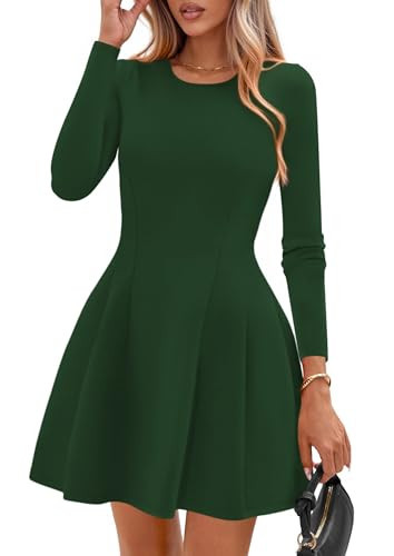 PRETTYGARDEN Long Sleeve Mini Dress for Women 2026 Spring Crewneck Knit Pleated Babydoll A Line Casual Short Party Dresses (Green,Small) | Amazon (US)