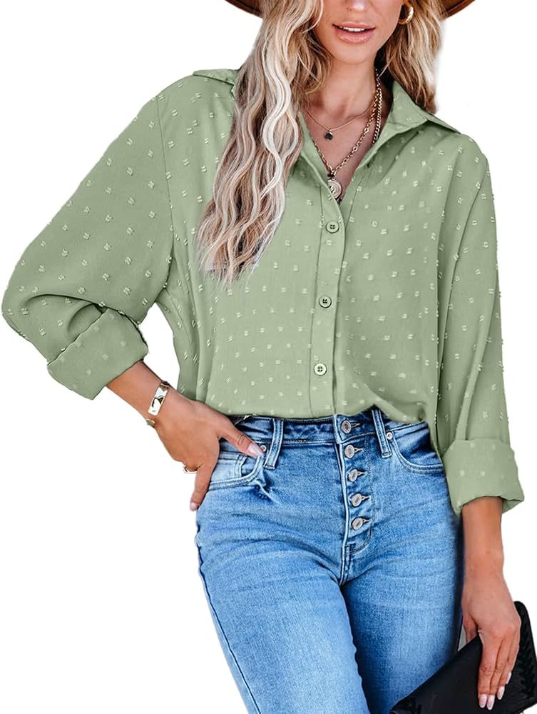 Hotouch Swiss Dot Button Down Shirt for Women Long Sleeve Formal Work Blouses Casual Business Tops S | Amazon (US)