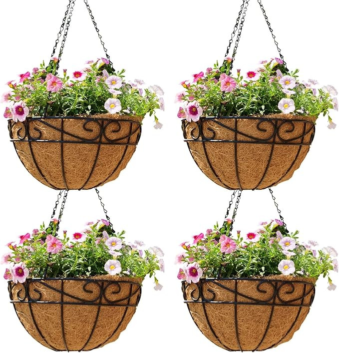 12 inch Metal Hanging Baskets For Plants Outdoor 4 Pack Round Metal Wire Hanging Basket Planter w... | Amazon (US)