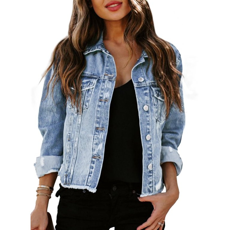 Chase Secret Women's Denim Jacket Casual Long Sleeve Button Distressed Ripped Boyfriend Jean Coat | Walmart (US)