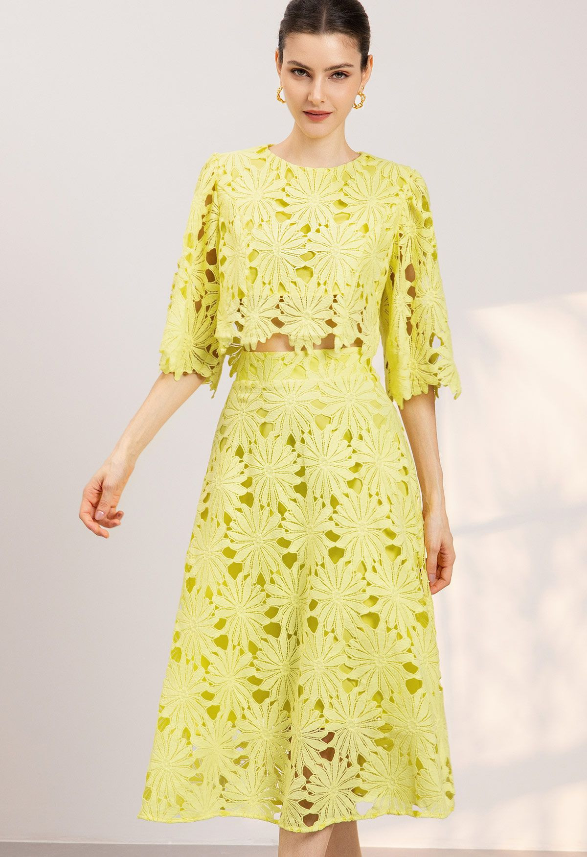 Refined Guipure Lace Crop Top and Midi Skirt Set in Yellow for Bridal Brunch & Tea Party | Chicwish
