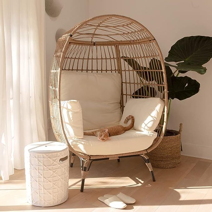 Barton Oversized Wicker Egg Chair Indoor/Outdoor Lounger for Patio, Backyard, Living Room w/ 4 Cu... | Amazon (US)