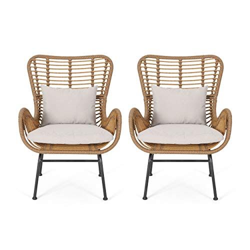 Great Deal Furniture Crystal Outdoor Wicker Club Chairs with Cushions (Set of 2), Light Brown and Be | Amazon (US)