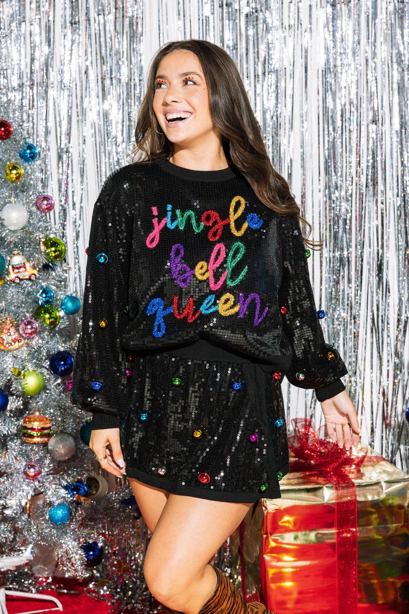 Black Full Sequin Jingle Bell Queen Sweater | Queen of Sparkles