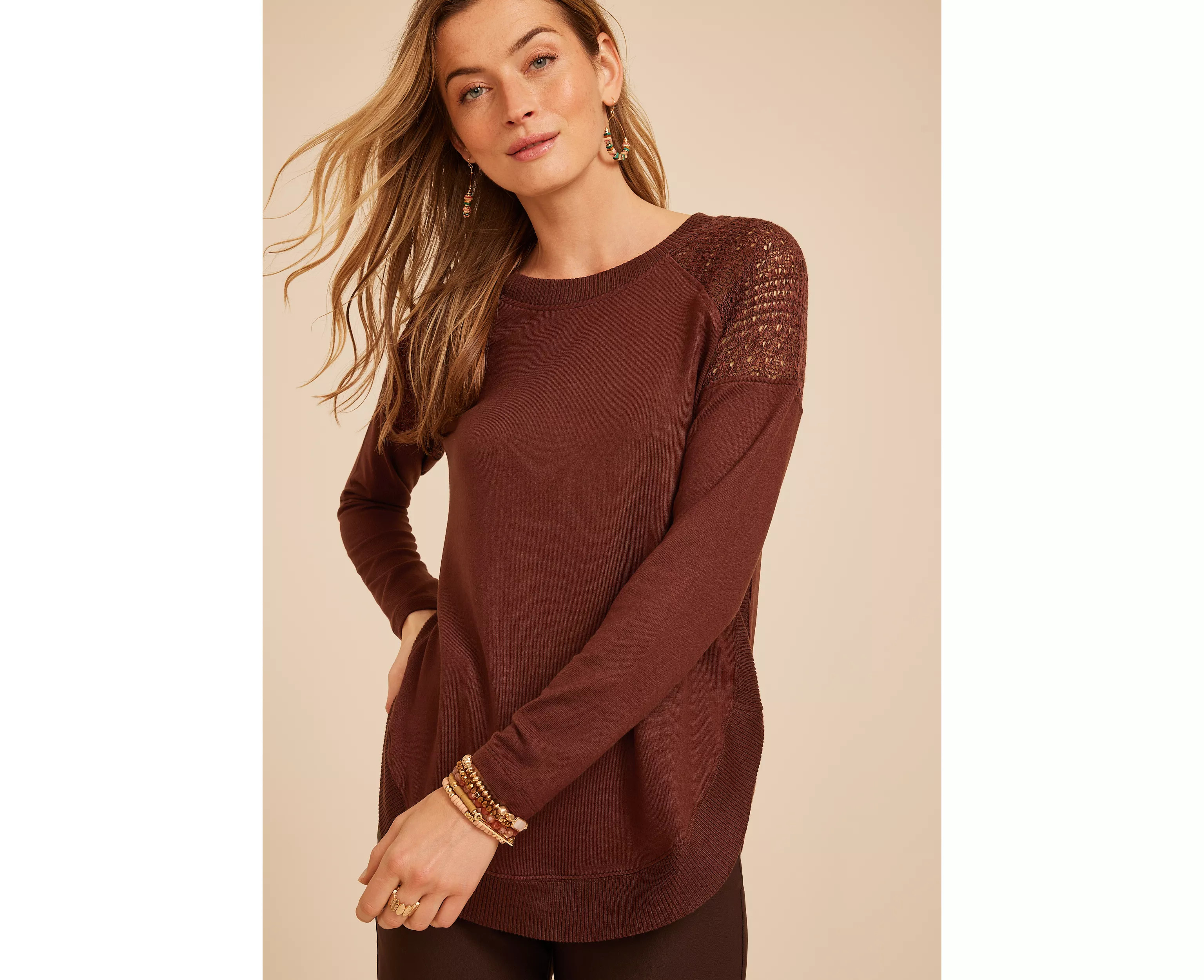 Haven Crochet Shoulder Long Sleeve Tunic Top | maurices | Maurices