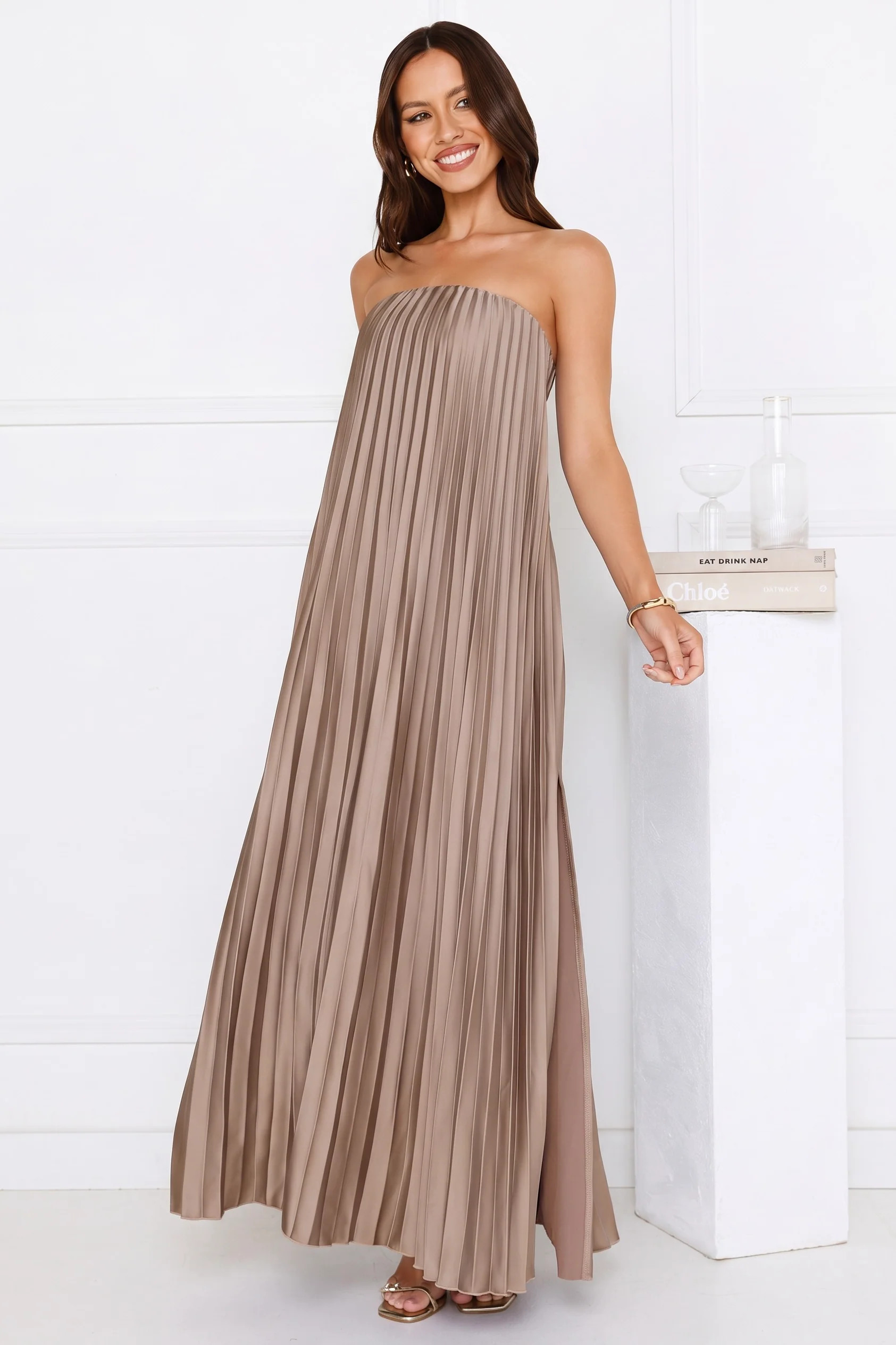 Moonlit Sea Pleated Strapless Maxi Dress Mocha | Hello Molly (US)