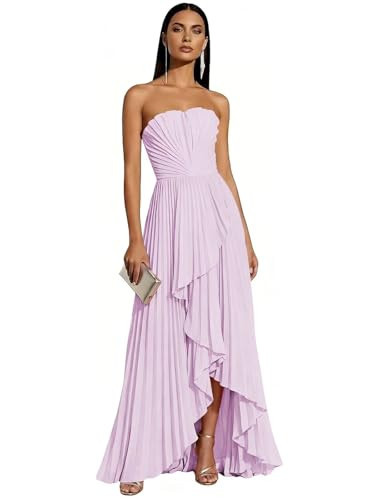 Women's Strapless Bridesmaid Dresses for Wedding Hi-Lo Lilac Pleated Satin Formal Dress for Wedding Guest Dresses US4 | Amazon (US)