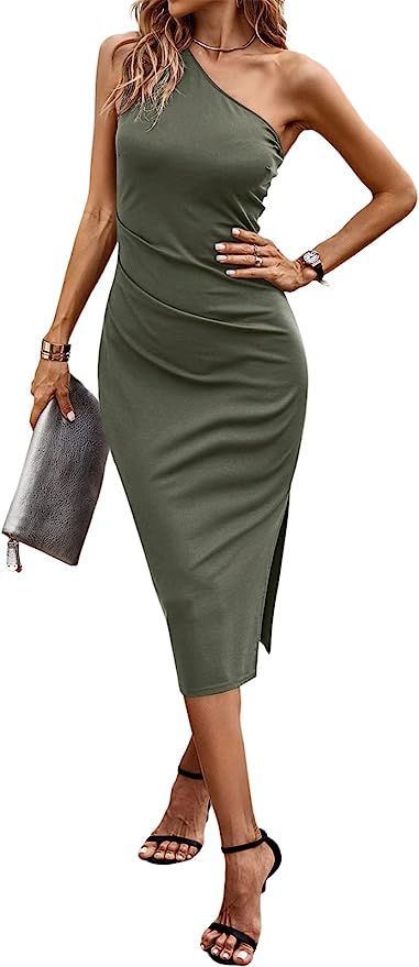 PRETTYGARDEN Women's One Shoulder Sleeveless Cocktail Dress Summer Ruched Slit Wedding Guest Midi... | Amazon (US)