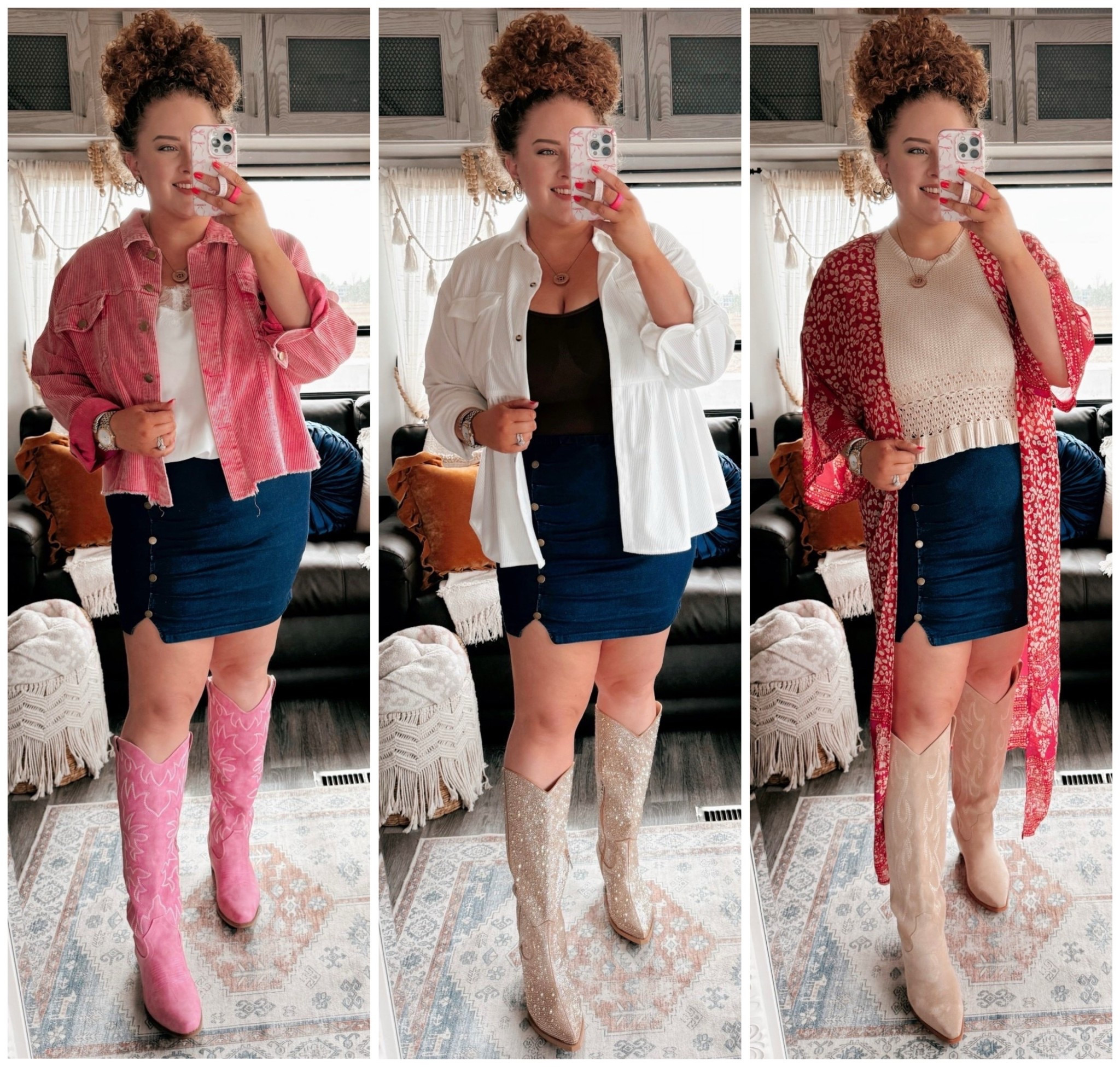 3 ways to style a denim skirt💖✨denim skirt | amazon denim skirt | tank top | amazon tank top | kimono | amazon kimono | floral kimono | spring kimono | boots | cowgirl boots | amazon cowgirl boots | neutral cowgirl boots | concert look | concert outfit | concert finds | concert outfit inspo | spring concert outfit | spring | spring finds | spring fashion finds | amazon spring finds | amazon spring fashion | spring outfit inspo | spring transition look | spring transition outfit | spring concert | spring concert outfit | country concert outfit | bodysuit | brown bodysuit | Amazon bodysuit | white button down | Amazon button down | rhinestone Cowgirl boots | Amazon rhinestone cowgirl boots | pink jacket | Amazon pink jacket | white lace top | pink cowgirl boots | Amazon pink cowgirl boots 

#LTKFestival #LTKMidsize #LTKSeasonal