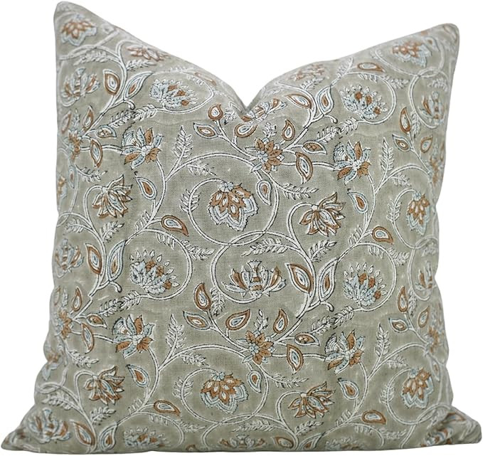 Boho Handmade Floral Block Print Decorative Pillow Cover 20x20 Cushion Case Throw Pillowcase with... | Amazon (US)