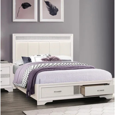 Modern Queen Platform Bed With Upholstered Faux Leather Headboard And Drawers Storage, White Silver Glitter Finish, Wooden Bedroom Piece Storage Headb | Wayfair North America