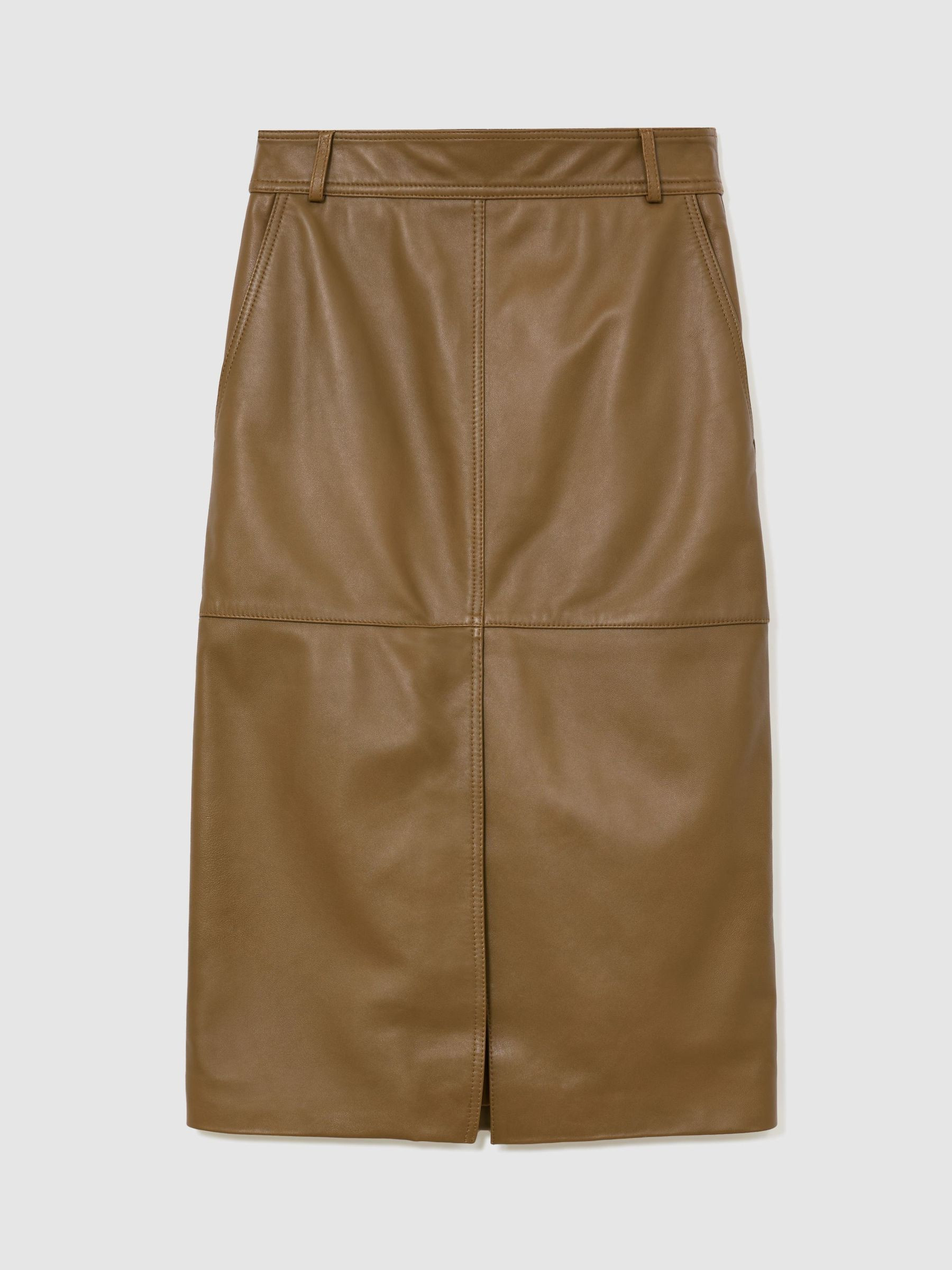 Reiss Petite Leather Midi Pencil Skirt in Khaki Green - REISS | Reiss UK