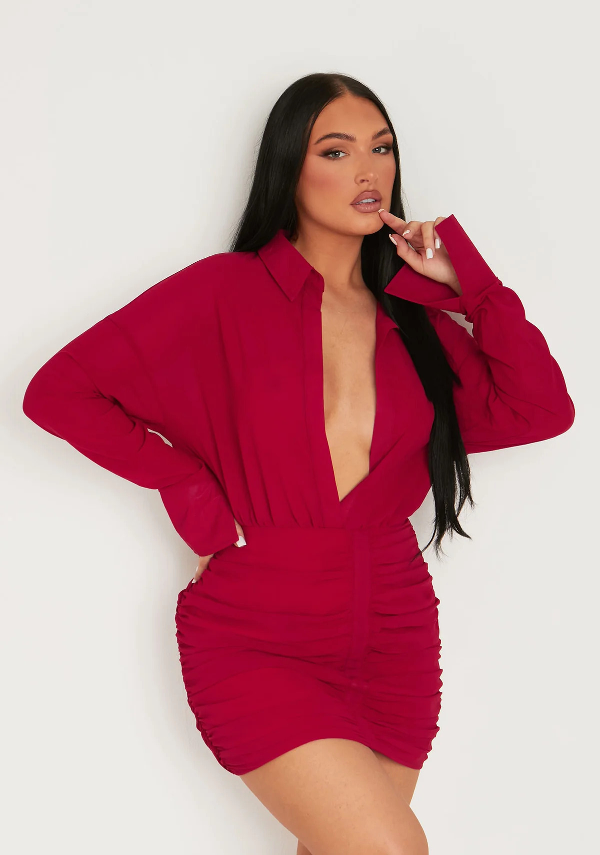 Kirsty Burgundy Long Sleeve Plunge Front Ruched Skirt Mini Dress | Missy Empire | Missy Empire (UK)