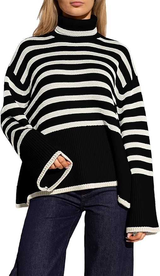Women's Striped Turtleneck Sweater Long Sleeve Oversized Knitted Soft Pullover Sweaters Side Spli... | Amazon (US)