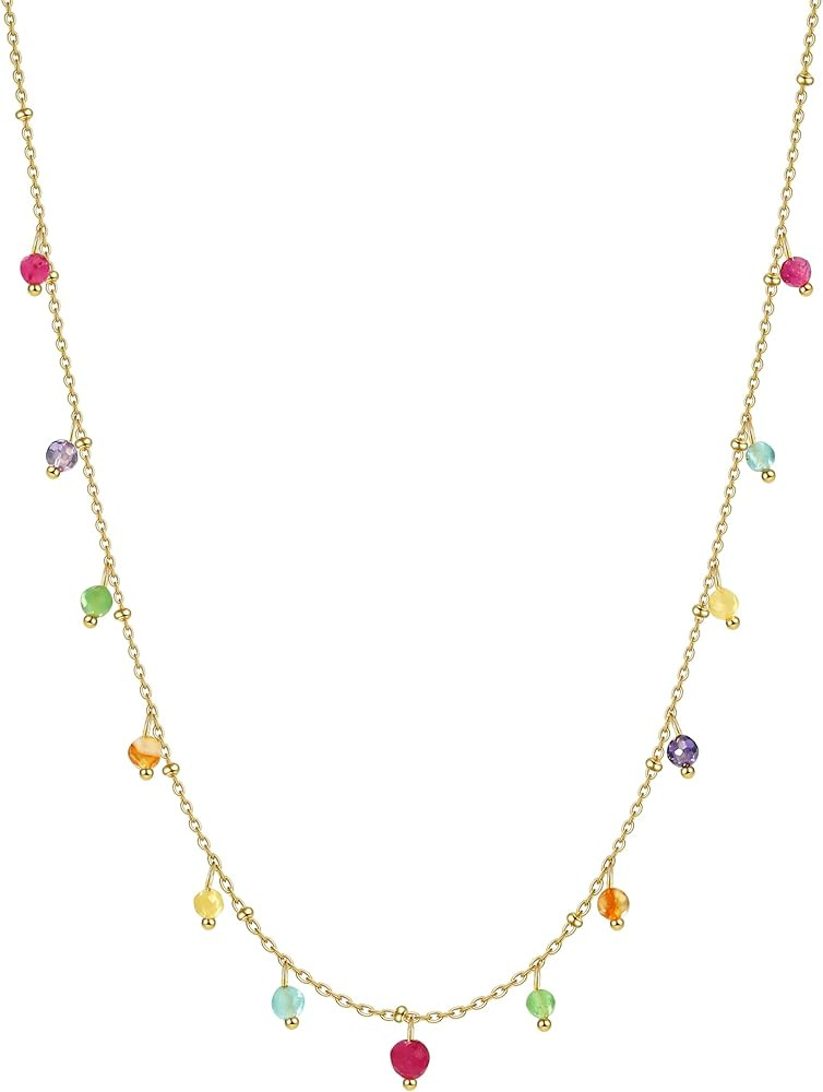 Natural Stone Necklaces for Women 14K Gold Plated waterproof Dainty Colorful Beaded Charm Choker ... | Amazon (US)