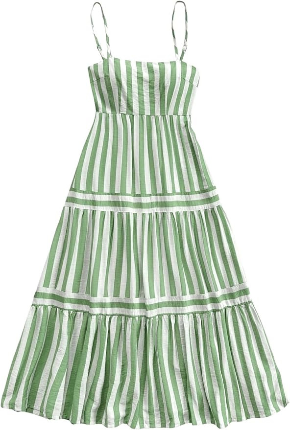 SHENHE Women's Summer Striped Smocked Spaghetti Strap Ruffle Tiered Flowy Maxi Dress Sundress | Amazon (US)