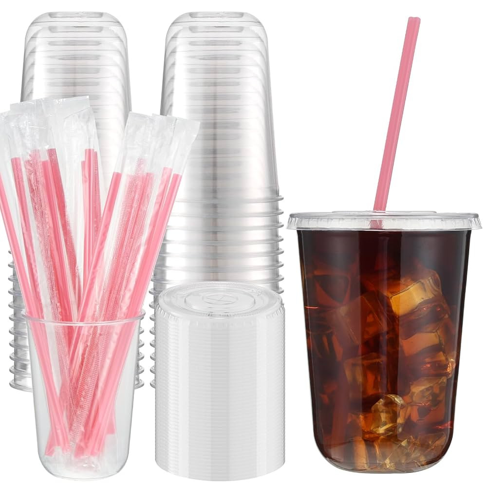 50 Set Clear Plastic Cups with Lids and Heart Shaped Pink Straws 16oz Plastic Cups with Lids and ... | Amazon (US)