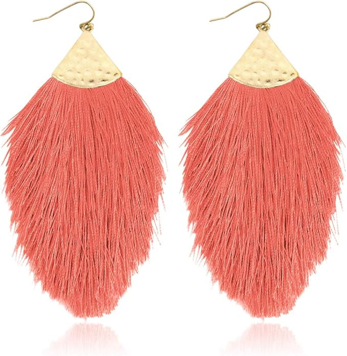 Bohemian Silky Thread Fan Fringe Tassel Statement Earrings - Lightweight Strand Feather Shape Dan... | Amazon (US)