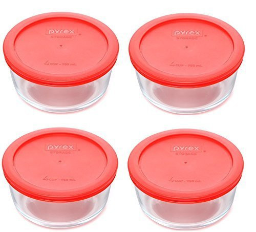 Pyrex (4) 7201 4-Cup Glass Bowls & (4) 7201-PC Red Plastic Lid Covers Made in the USA | Amazon (US)