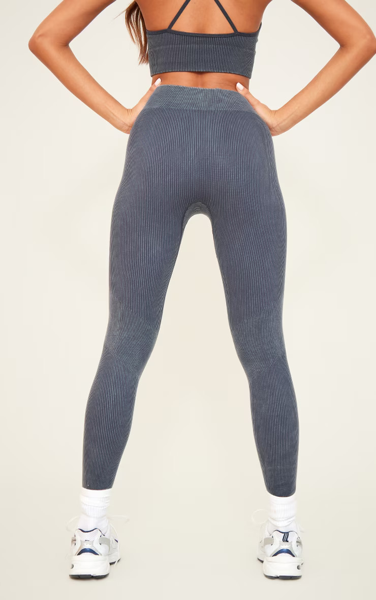 Black Acid Wash Rib Seamless High Waist Gym Leggings | PrettyLittleThing US