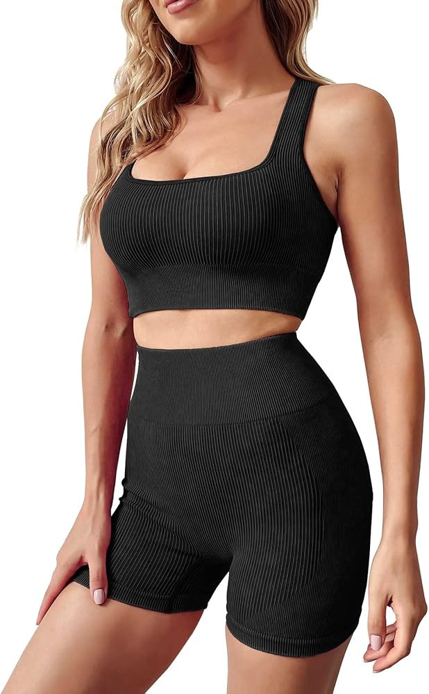 Women Workout Set, 2pcs Seamless Yoga Outfits, Ribbed Tank Sports bra Crop Top with High Waist Short | Amazon (US)