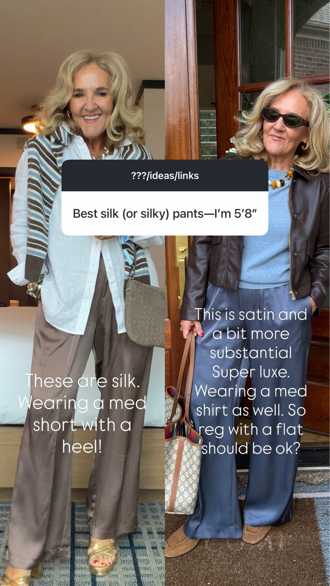 Quince silk on brown wearing a medium short. The linen shirt and a medium and the striped cashmere is a medium as well.
The satin pants on the right are a heavier fabric, and I would wear them for everyday casual or to work or then out to dinner. These are also a medium short, and I need a little heel with them as well.
Cashmere sweater, size, medium, and faux leather jacket size medium petite

#LTKOver40 #LTKootd #LTKWorkwear
