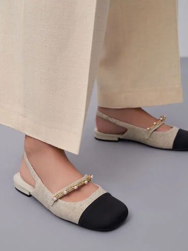 Beaded Chain-Link Linen & Grosgrain Slingback Mary Janes
 - Beige | Charles & Keith UK