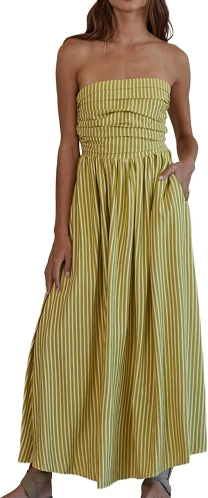 Striped Strapless Maxi Dress for Women Sleeveless Flowy Long Dress Summer Casual Tube Dress with ... | Amazon (US)