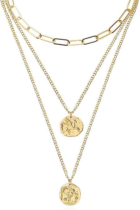 FAMARINE Gold Layered Pendant Long Necklace, Chain CZ Teardrop and Filigree Pendant Costume Jewel... | Amazon (US)