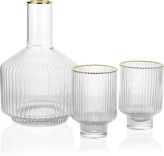 1500 C Tabletop Tiara Optic Swirl Bedside Carafe 1 Pitcher 59 oz. and 2 Tumblers 11.5 oz. Gold Ri... | Amazon (US)