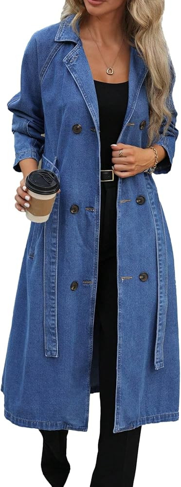Womens Long Denim Jacket Plus Size Lapel Collar Long Sleeve Trench Coat Button Down Over Knee Tun... | Amazon (US)
