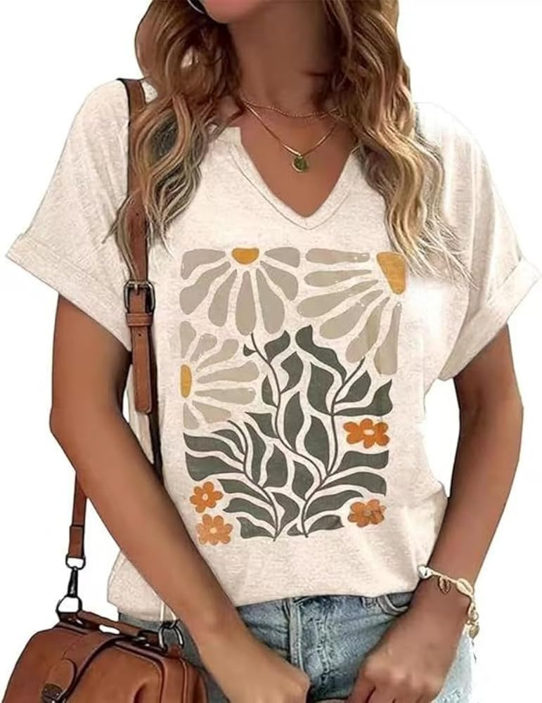 Earlymemb Womens Vintage Flowers V Neck Shirt Boho Floral Wildflowers Graphic Tee Casual Cottagec... | Amazon (US)