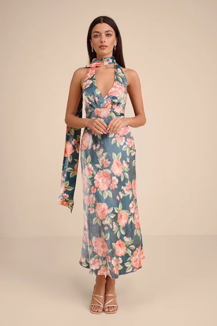 Malani Dark Teal Floral Satin Sash Midi Dress | Lulus