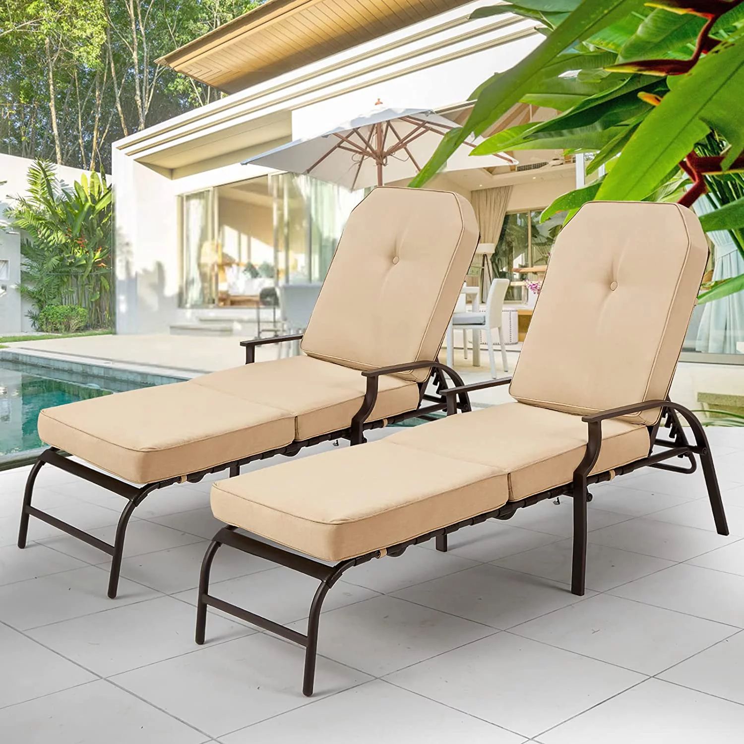 AECOJOY Cushioned Patio Lounge Chair Set of 2, Poolside Adjustable Chaise Lounge Recliner - Beige | Walmart (US)