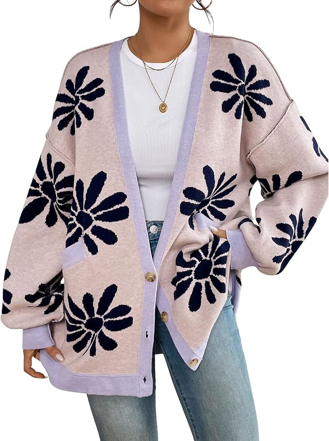 chouyatou Women's Y2K Daisy Floral Printed Oversized Cardigans Button Down Knitted Cardigan Sweat... | Amazon (US)