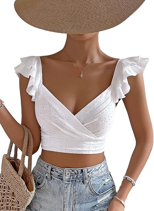 MakeMeChic Women's Ruffle Sleeveless Tank Tops Eyelet Wrap V Neck Crop Top Summer Blouse Shirts | Amazon (US)