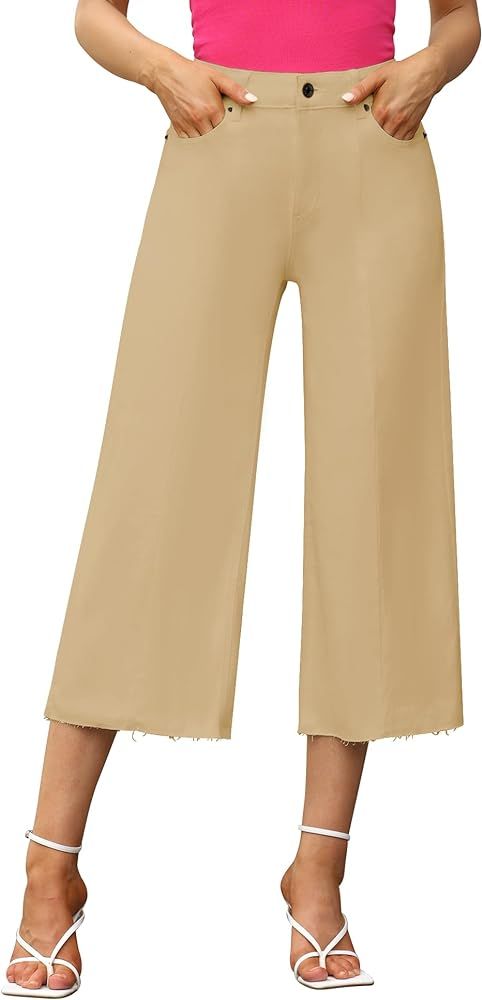 GRAPENT 2023 Jean Capris for Women Wide Leg Jeans High Waisted Seamed Front Raw Hem Denim Capri Pant | Amazon (US)