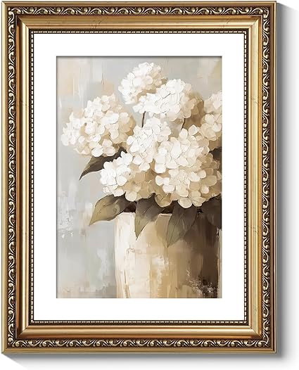 ARPEOTCY Vintage Gold Framed Wall Art Decor, 11x14 Inch Retro White Hydrangeas Prints, Farmhouse ... | Amazon (US)