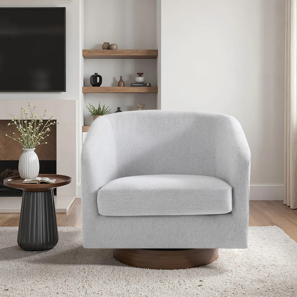 Applewold Upholstered Beige Chenille Swivel Barrel Chair with Solid Wood Base | Wayfair North America