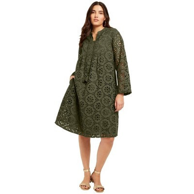 June & Vie Eyelet Shirtdress - 14/16, Dark Olive Green | Target