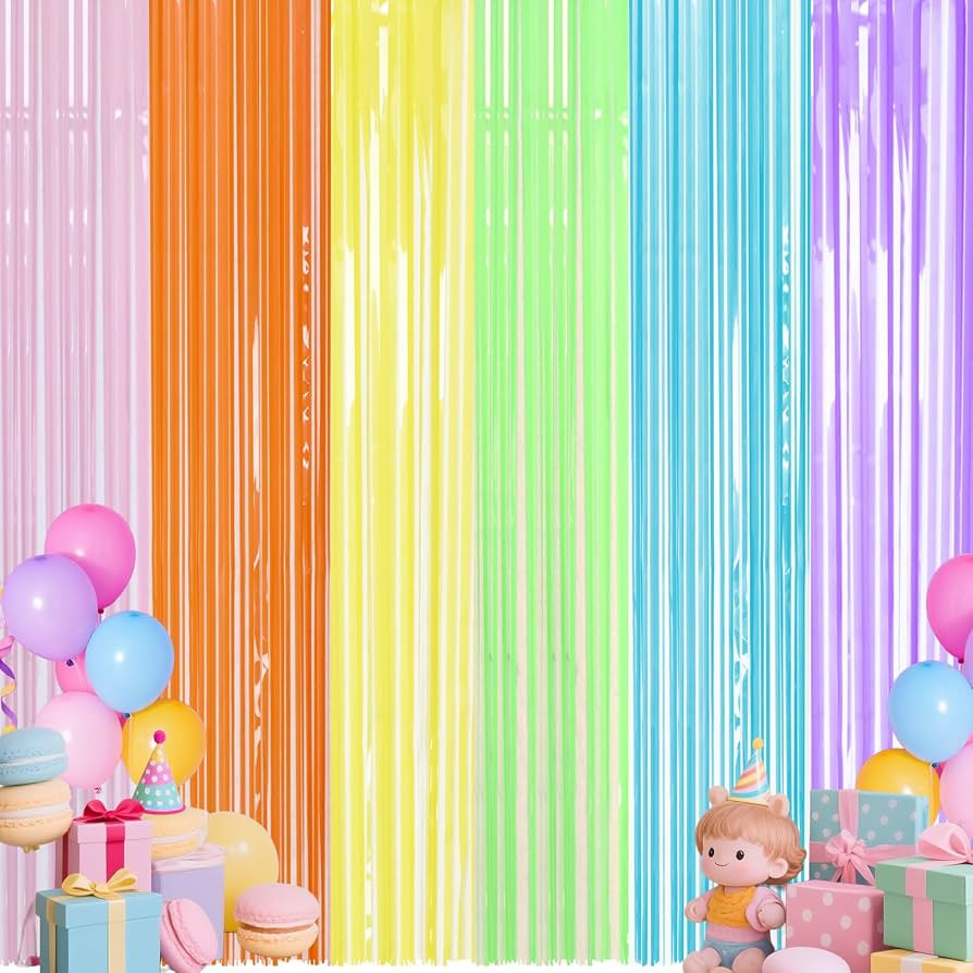 Rainbow Party Decorations, 2 Pack 3.3 x 6.6 ft Rainbow Foil Curtain Backdrop Metallic Tinsel Foil... | Amazon (US)