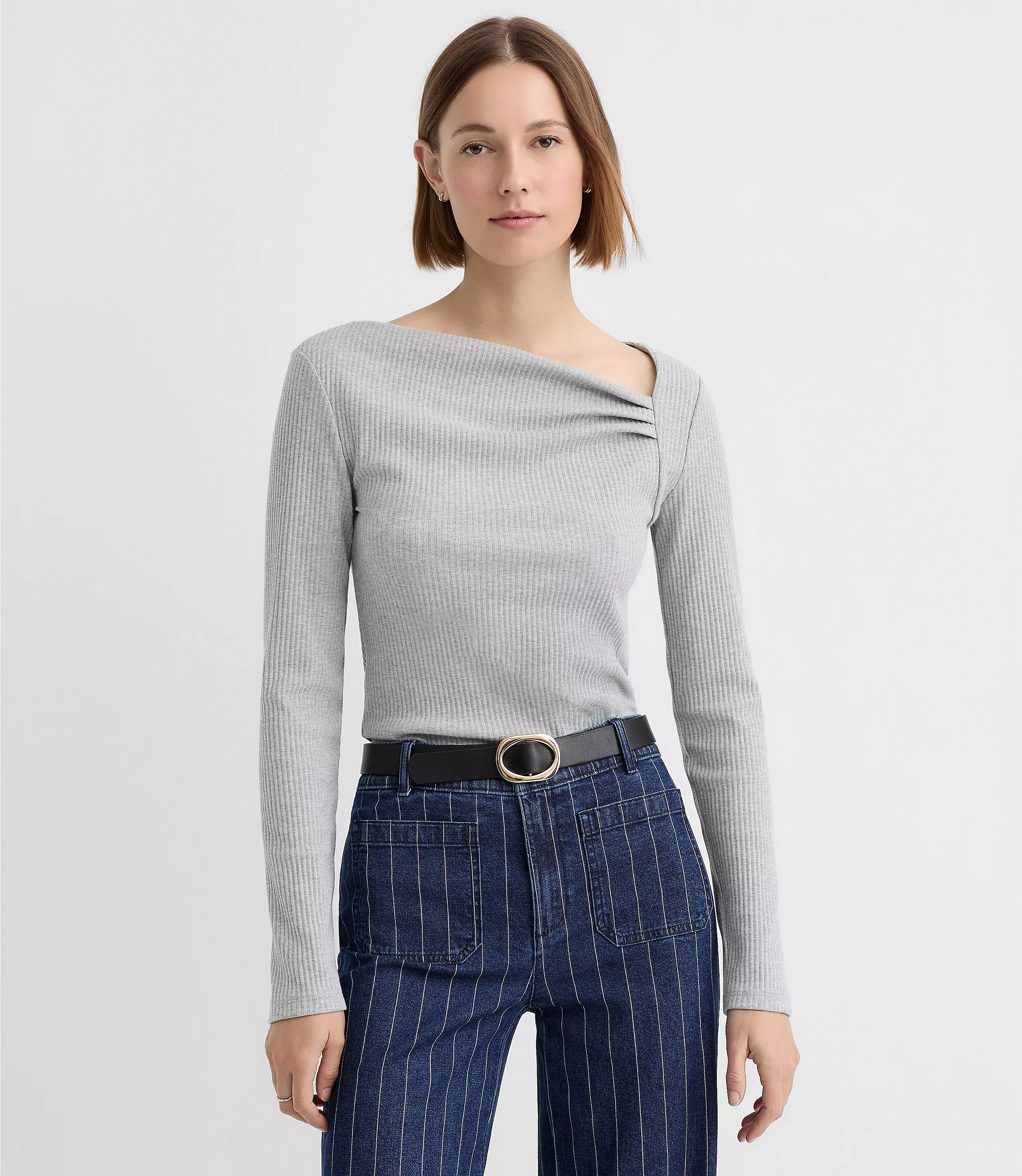 Heathered Asymmetrical Neck Ribbed Top | LOFT