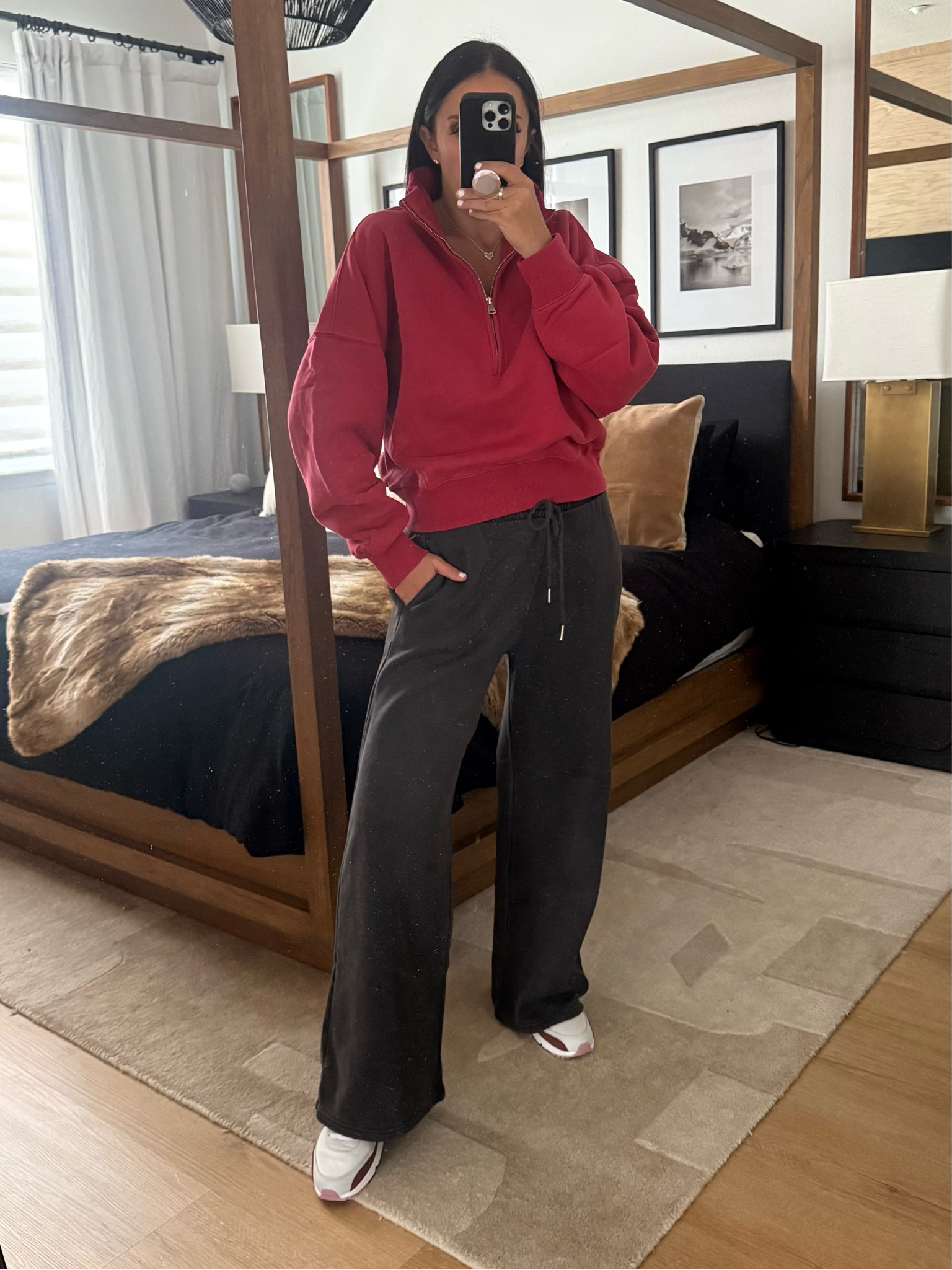 Essential Sunday Half-Zip wearing size medium. Essential Mid Rise Wide Leg Sunday Sweatpant wearing size medium. Nike air max 90 se sneakers in red and pink run true to size
